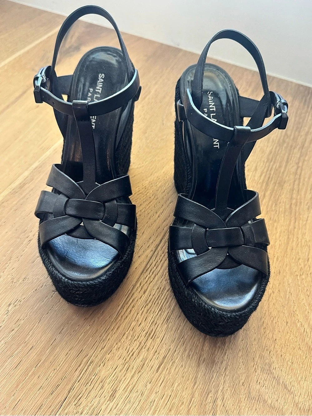 Saint Laurent Tribute Espadrille Wedge Black Bow Sandals EU 39.5